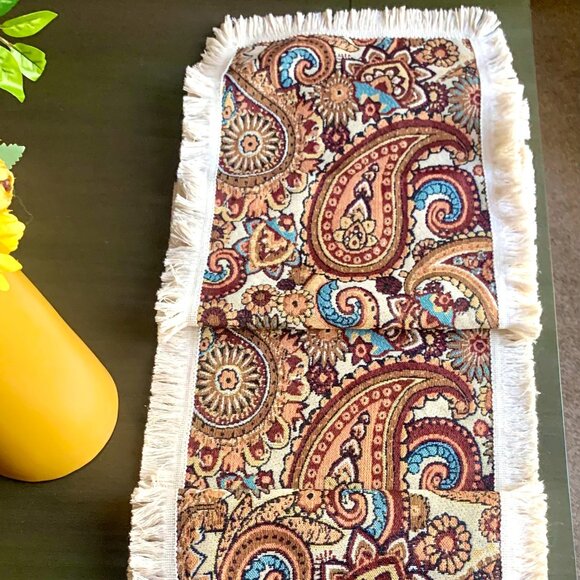 71" Woven Earthy Rustic Boho Warm Tones Jacquard Paisley Fringed Table Runner - Picture 6 of 8